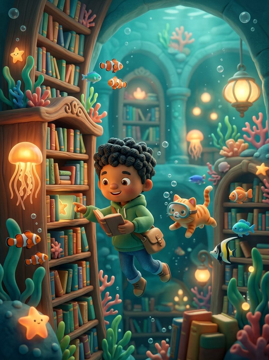 A child and a cat exploring a magical underwater library