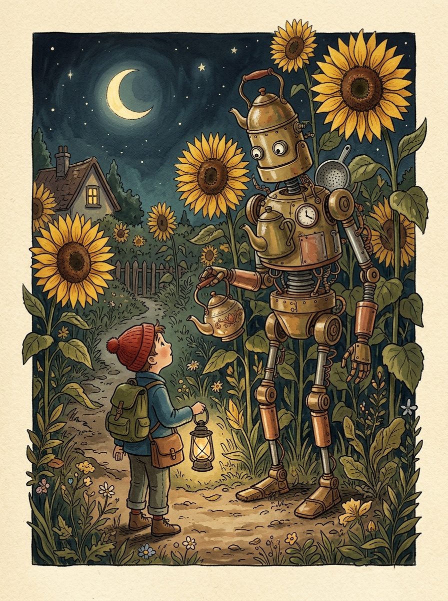 A child meeting a friendly teapot robot in a moonlit sunflower garden