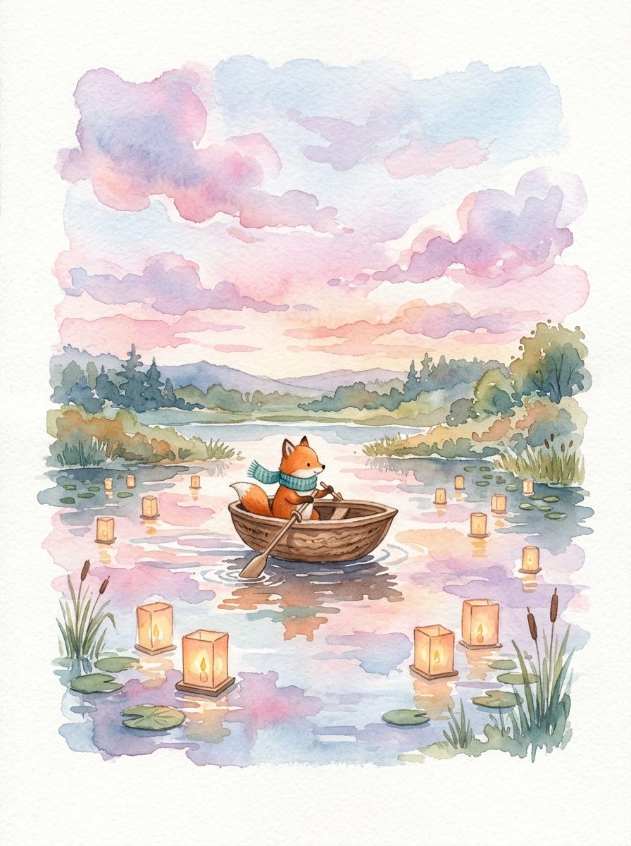 A fox rowing through a lake painted in watercolour